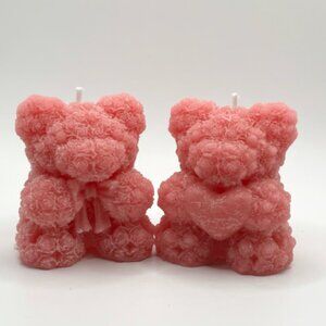 Rose Teddy Bear Candle Set - 2 Pieces - Gift for Her, Beeswax Love Candle